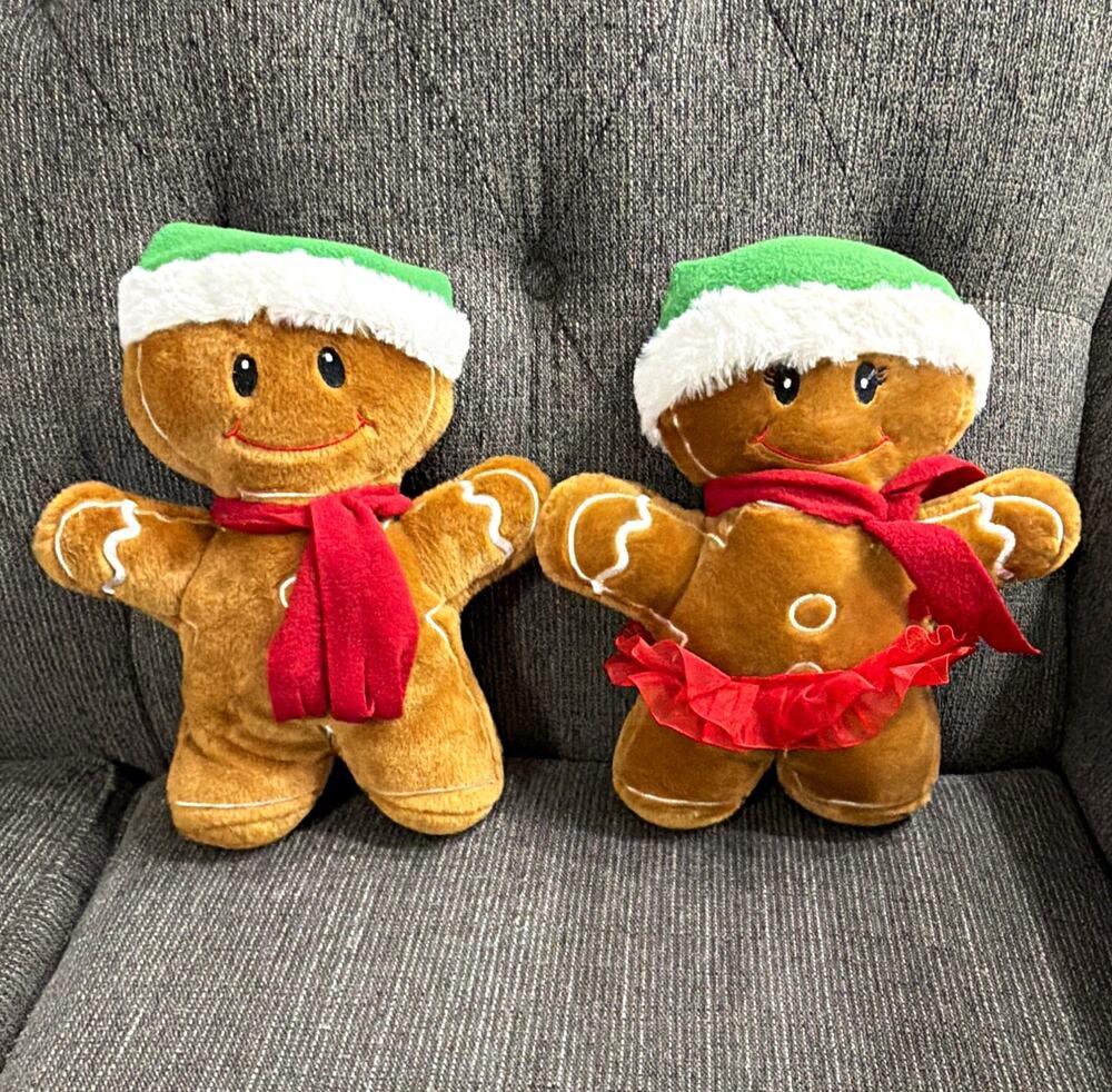 2x Christmas Gingerbread Man Plush Stuffed Toys Green Hats Red Scarves 6-14"